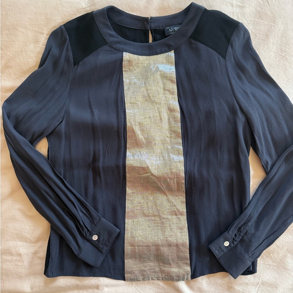 Armani Jeans Navy Blouse with Metallic Gold Center Stripe